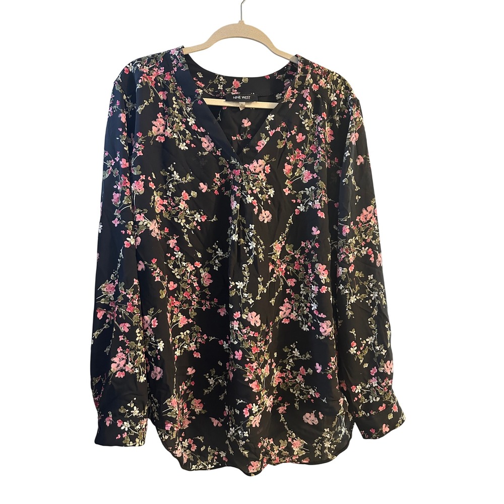Nine West Women XL Black Pink Floral V-Neck Long Sleeve Blouse E7BMO1B2257
